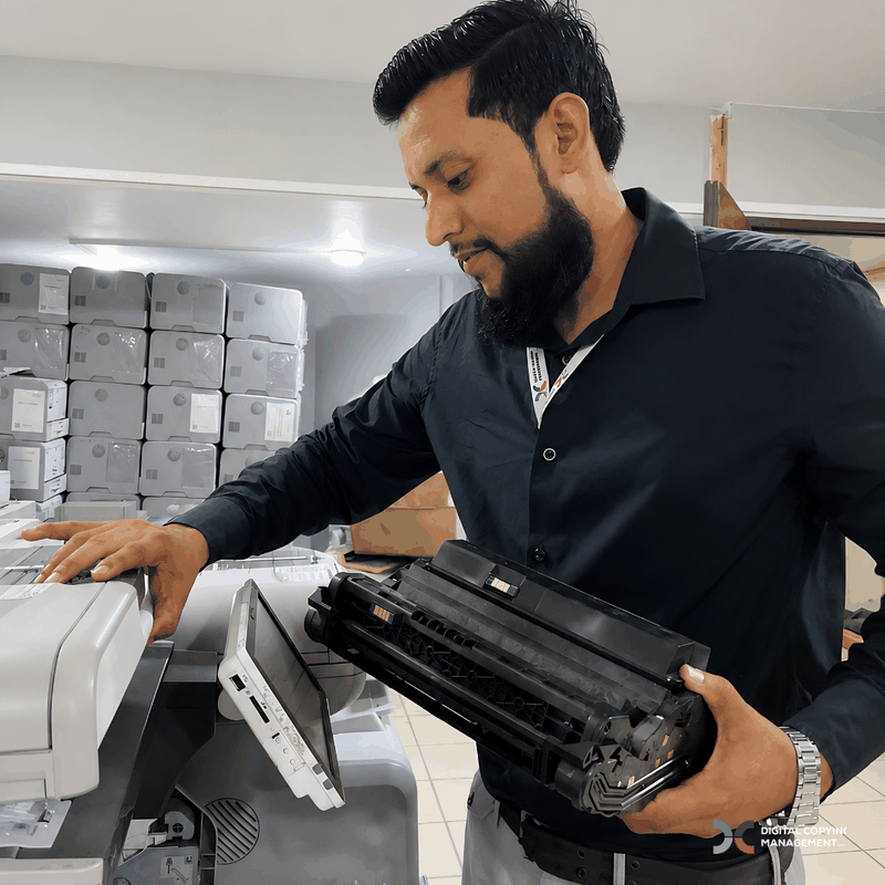 DCM engineer replacing drum unit in photocopier